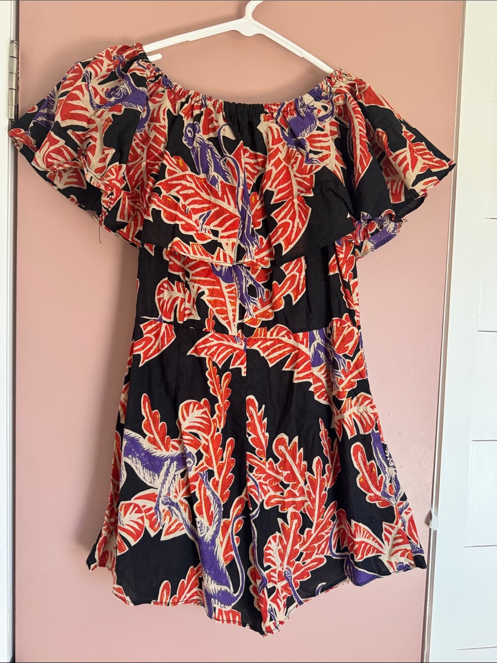 Bali Black Off-Shoulder Romper with Red and Purple Leaf/ monkey Print